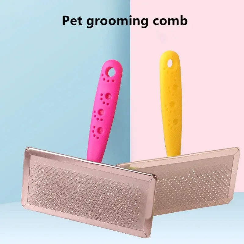 Pet grooming comb with a metal brush head and colorful plastic handles.