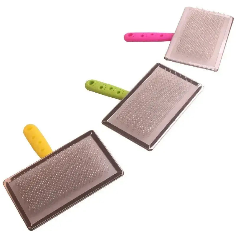 Rectangular pet grooming brushes with colorful handles.