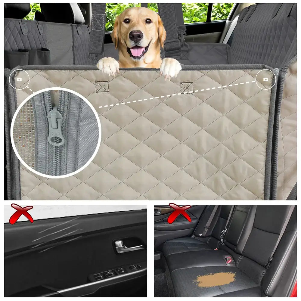 Car seat cover with a built-in barrier for dogs, featuring a happy golden retriever peeking over the top.