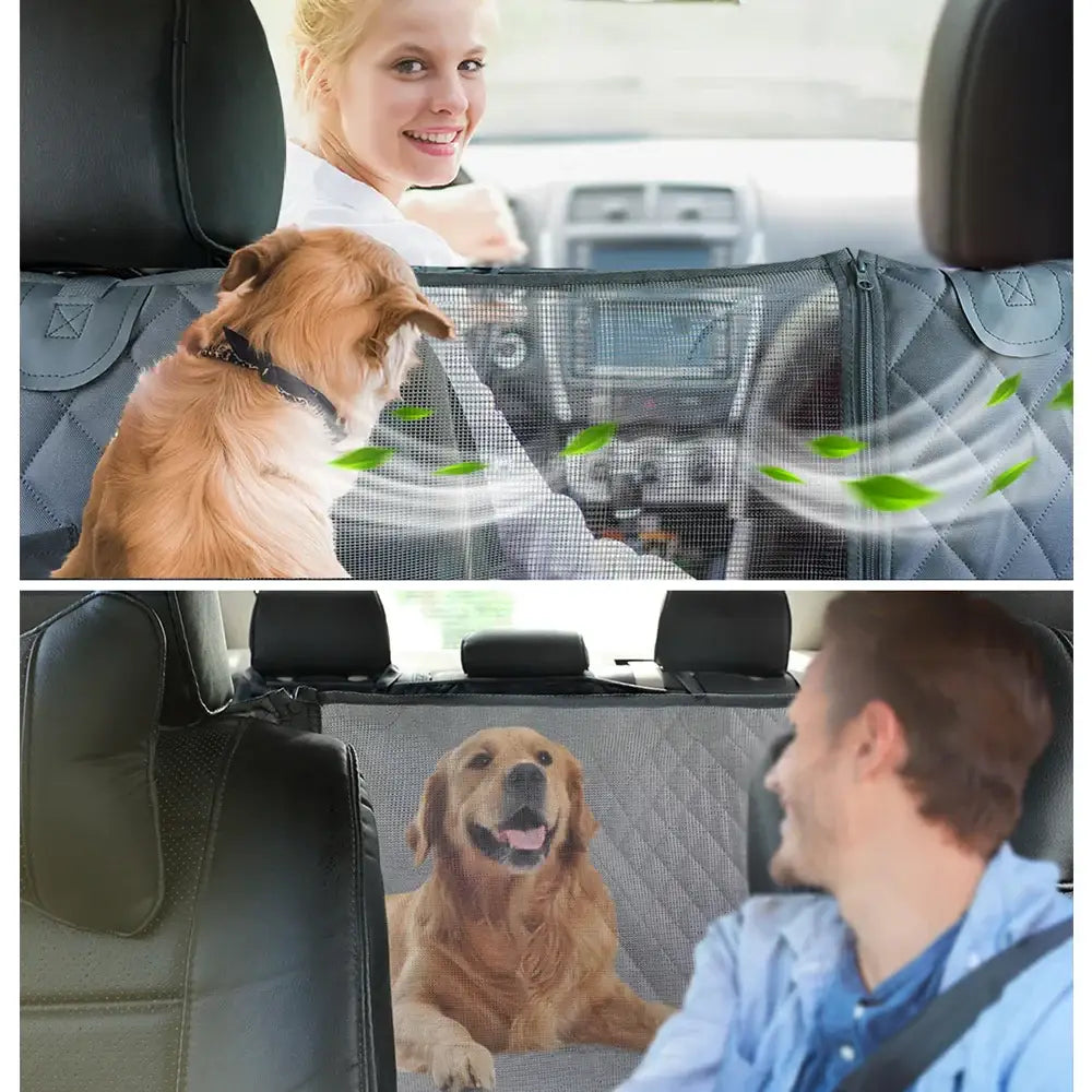 Dog car barrier for safely transporting pets while driving.