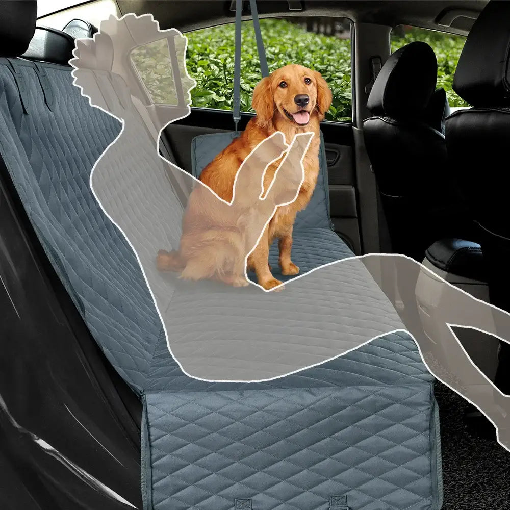 Dog car seat cover with a happy golden retriever sitting on it.