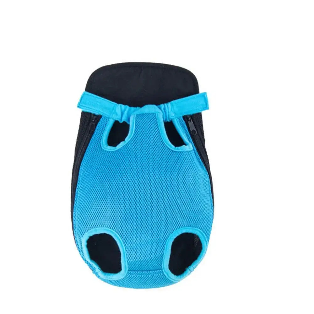 Bright blue mesh pet carrier or backpack with openings for an animal’s legs.