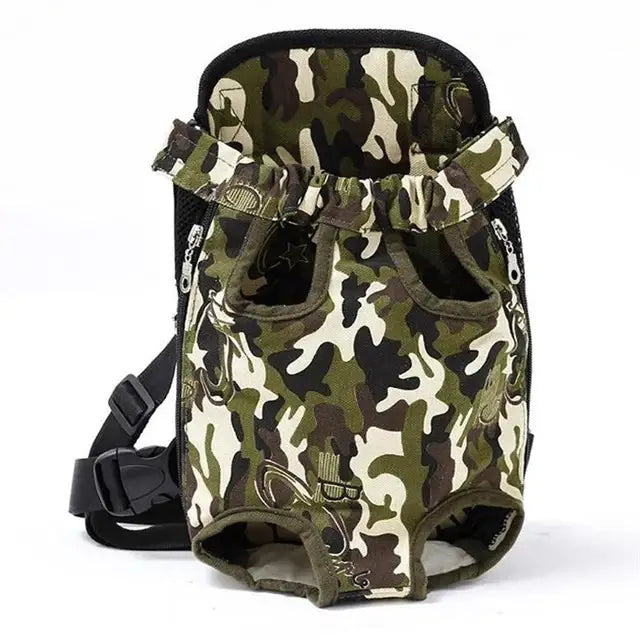 Camouflage-patterned pet carrier backpack with leg holes.