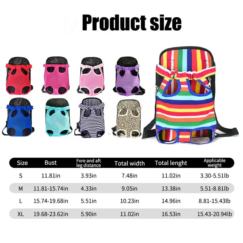 Colorful pet carrier backpack with size chart showing different dimensions for various sizes.