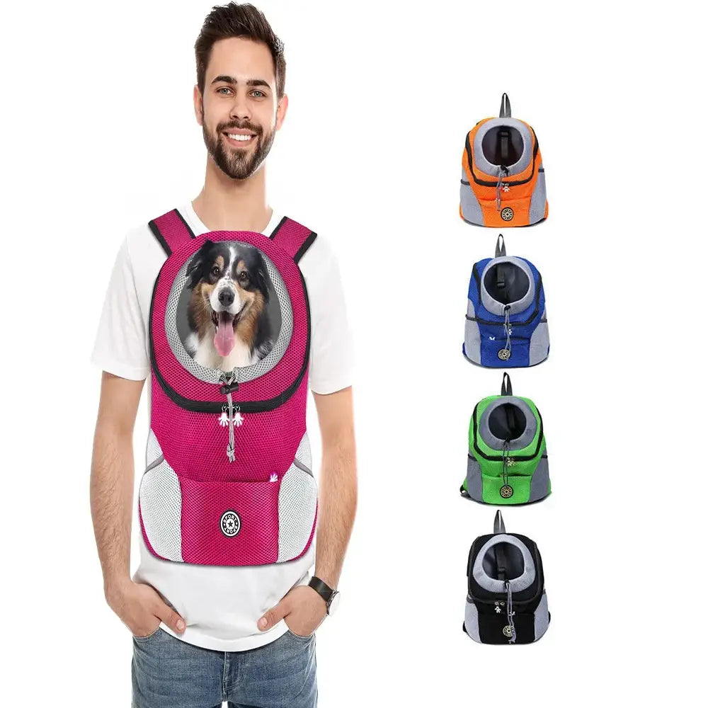 Pet carrier backpack with a circular window for the animal to look out.