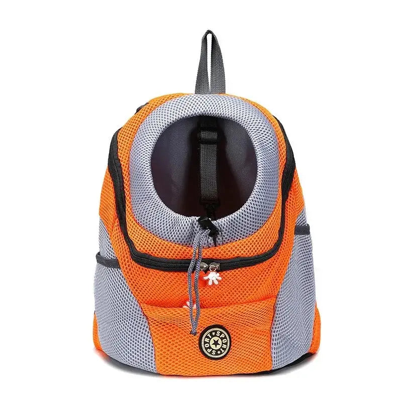 Pet carrier backpack with mesh panels in orange and gray colors.