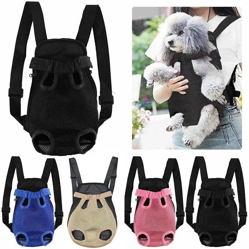 Pet carrier backpack with mesh ventilation panels for dogs or small animals.