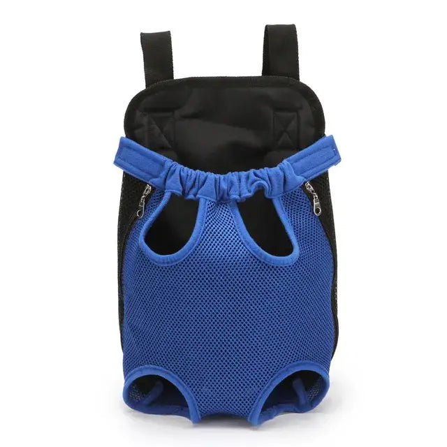 Pet carrier backpack with mesh front and leg holes.