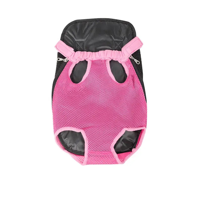 Pink and black mesh pet carrier backpack with leg holes.