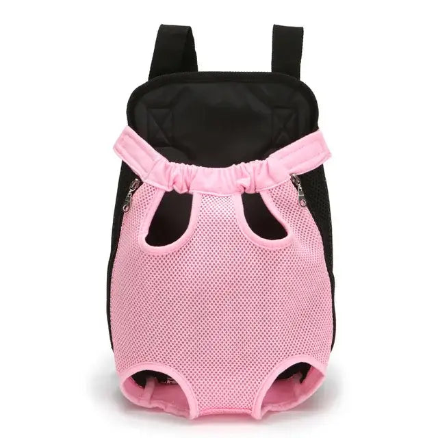 Pink and black pet carrier backpack with mesh front panel.