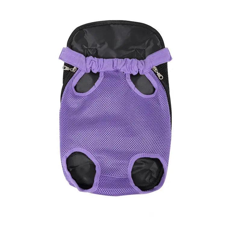 Purple mesh pet carrier backpack with leg holes and a black top.