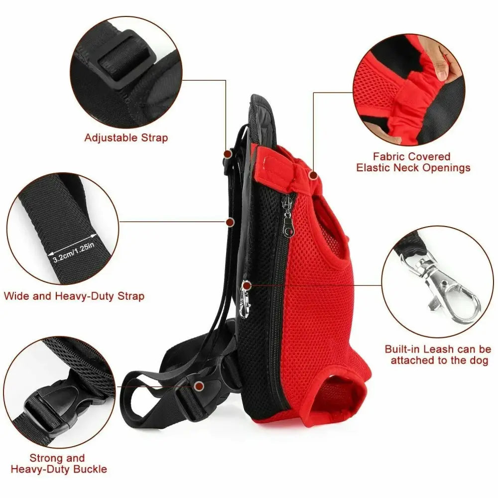 Red and black dog carrier backpack with multiple labeled features.