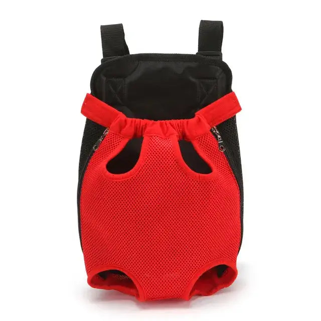 Red and black pet carrier backpack with mesh front panel.