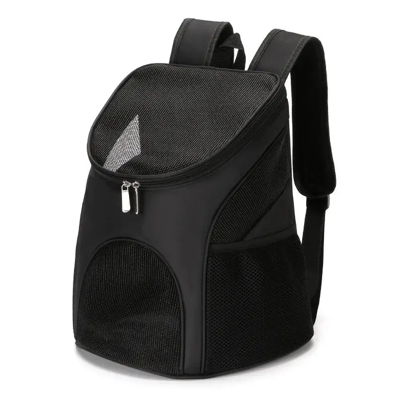 Black pet carrier backpack with mesh panels for ventilation.