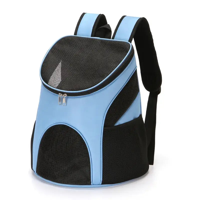 Pet carrier backpack with mesh windows in light blue and black colors.