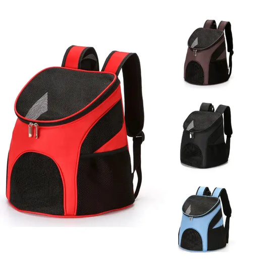 Pet carrier backpack with mesh ventilation panel.