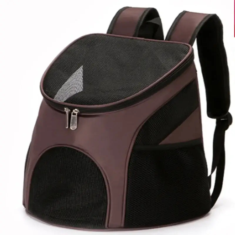 Pet carrier backpack with mesh windows and dual-tone design.