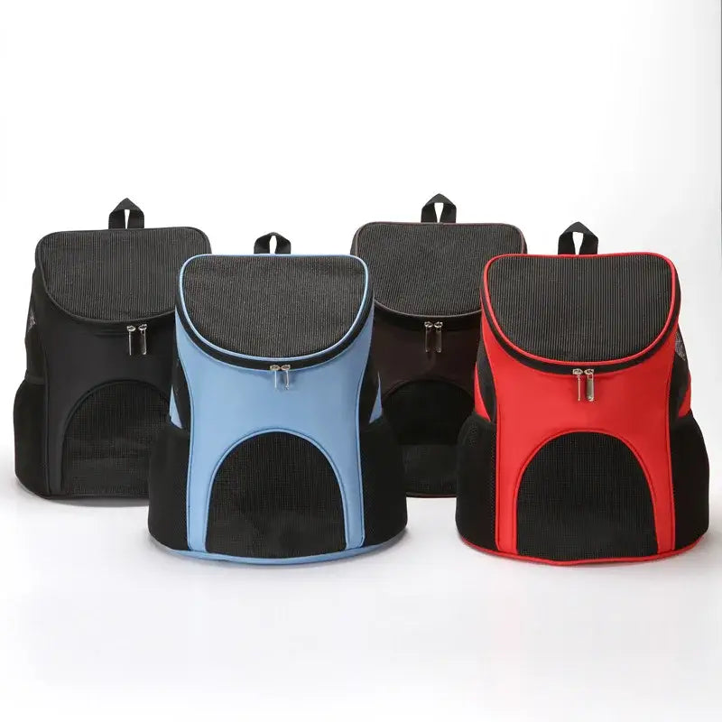 Pet carrier backpacks in different colors with mesh windows.