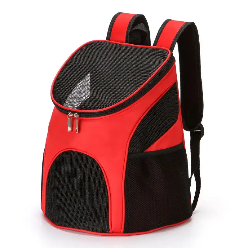 Red and black pet carrier backpack with mesh panels.