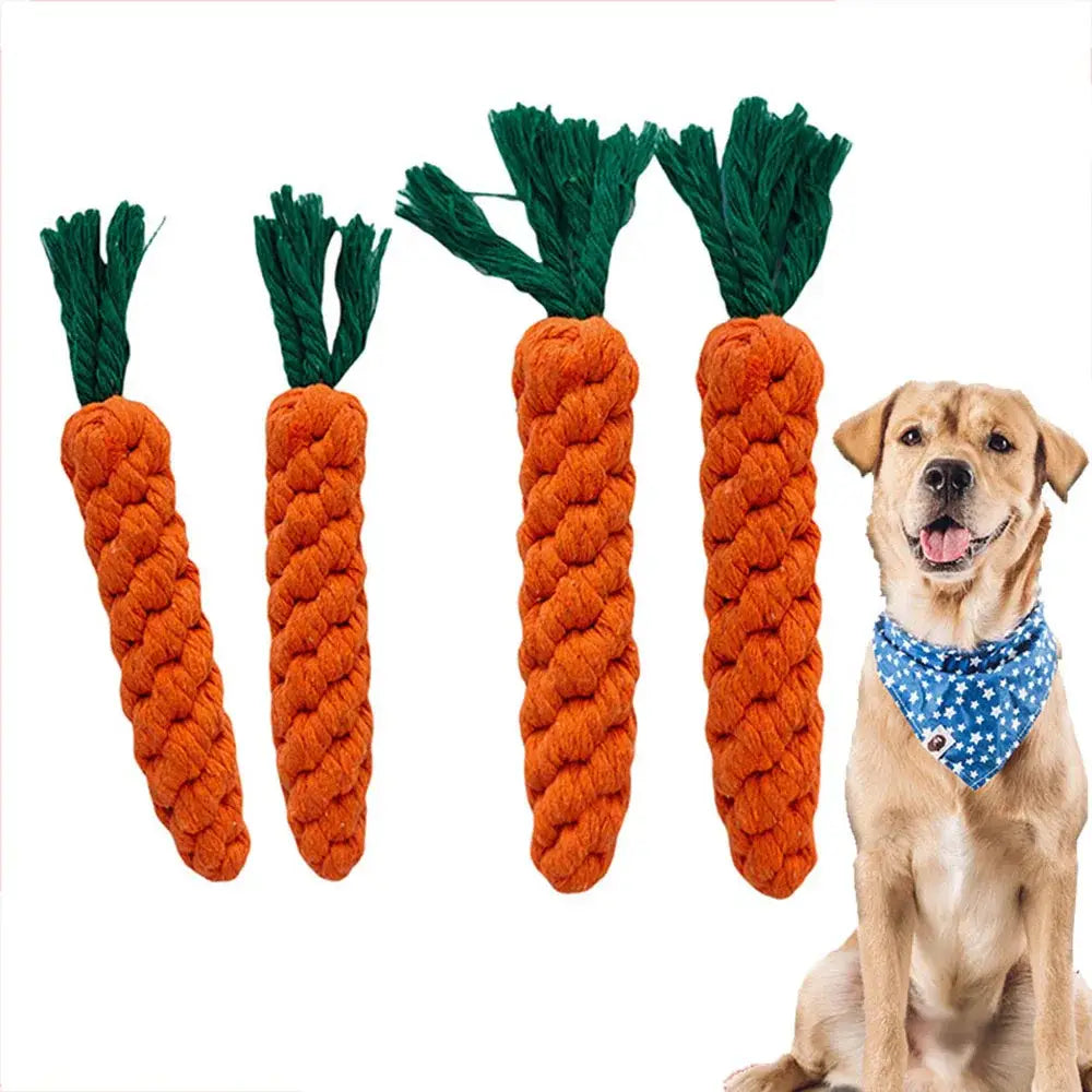 Dog toy carrots made of orange rope with green fabric tops.