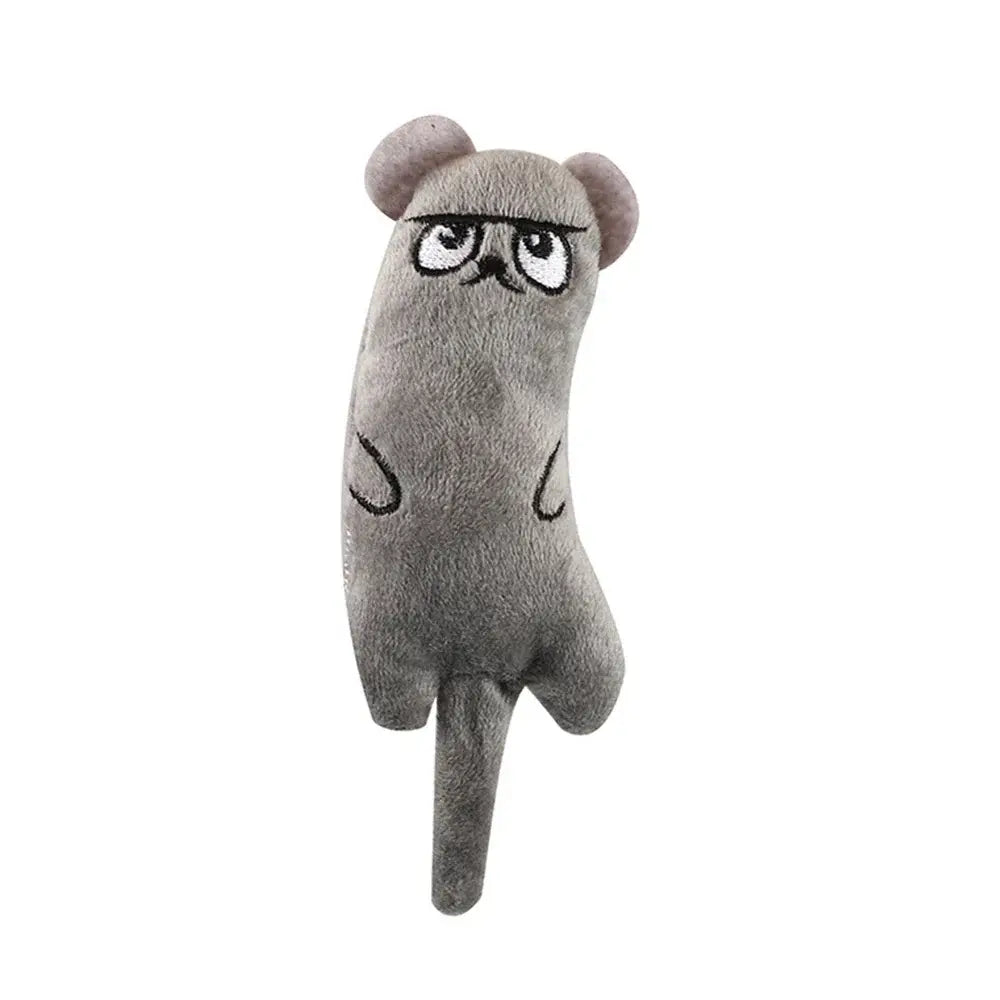 Gray plush toy with a long body, round ears, and comically unamused expression.