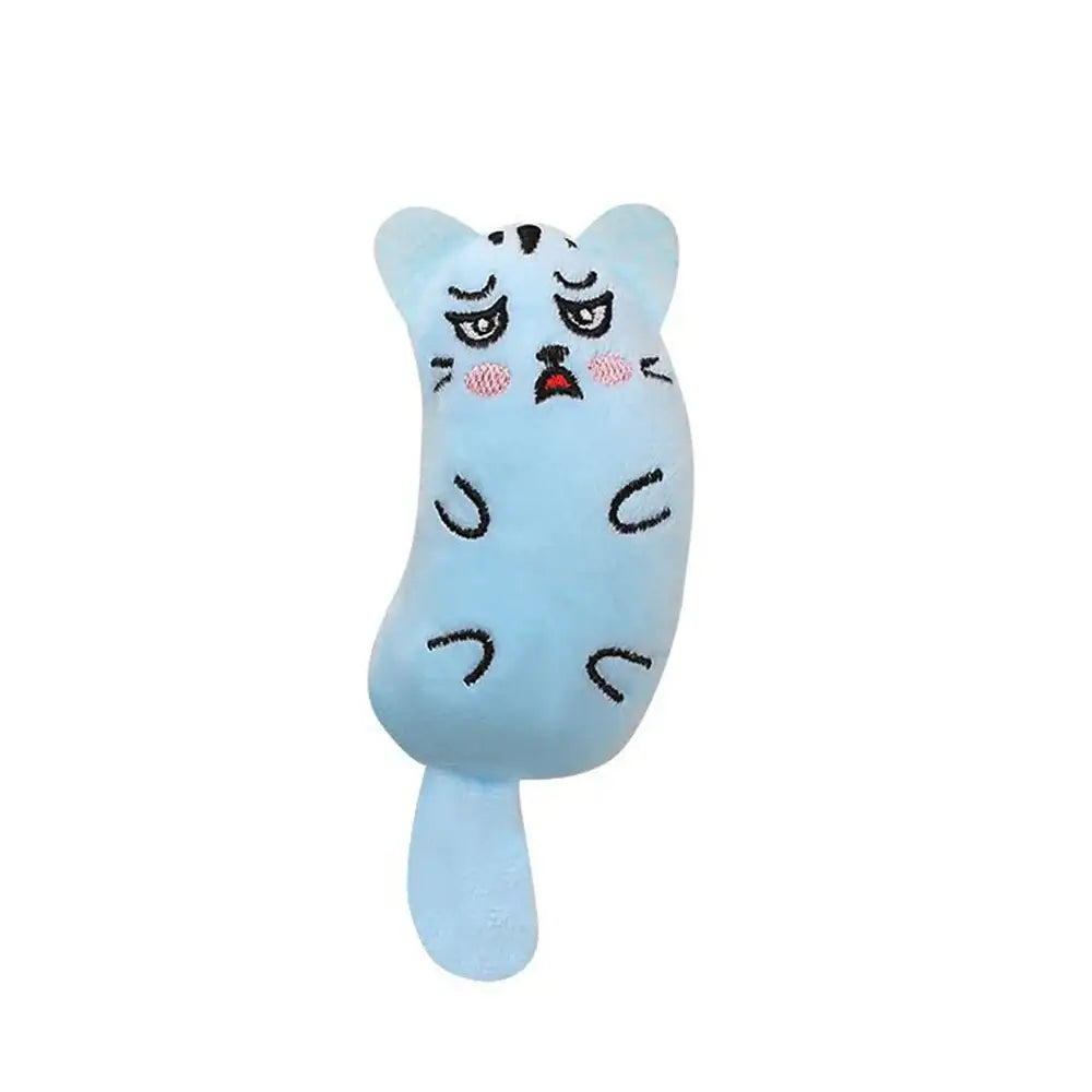 Light blue cartoon-style cat or animal plush toy with a cute, expressive face.