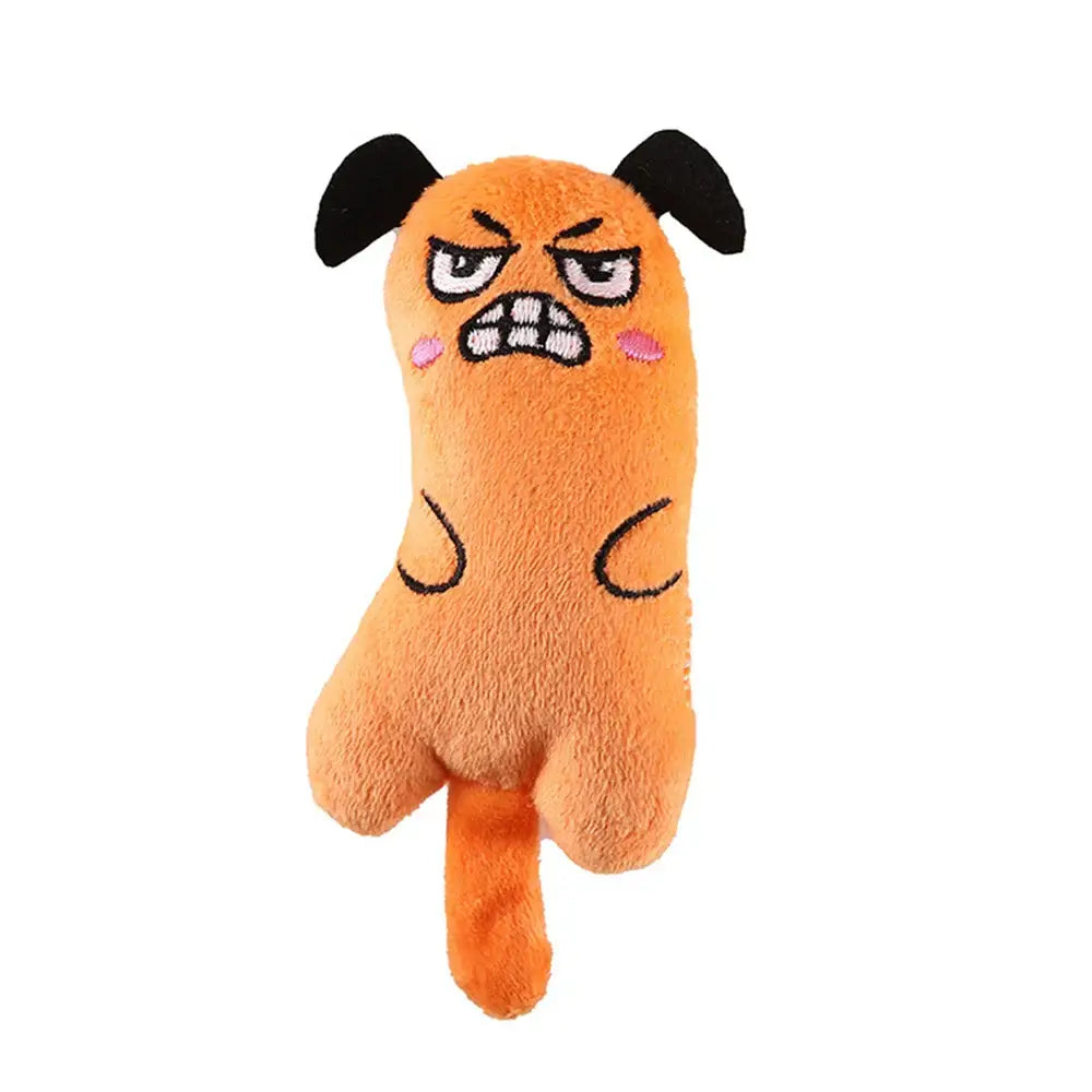 Grumpy-looking orange plush dog toy with black floppy ears and an annoyed expression.