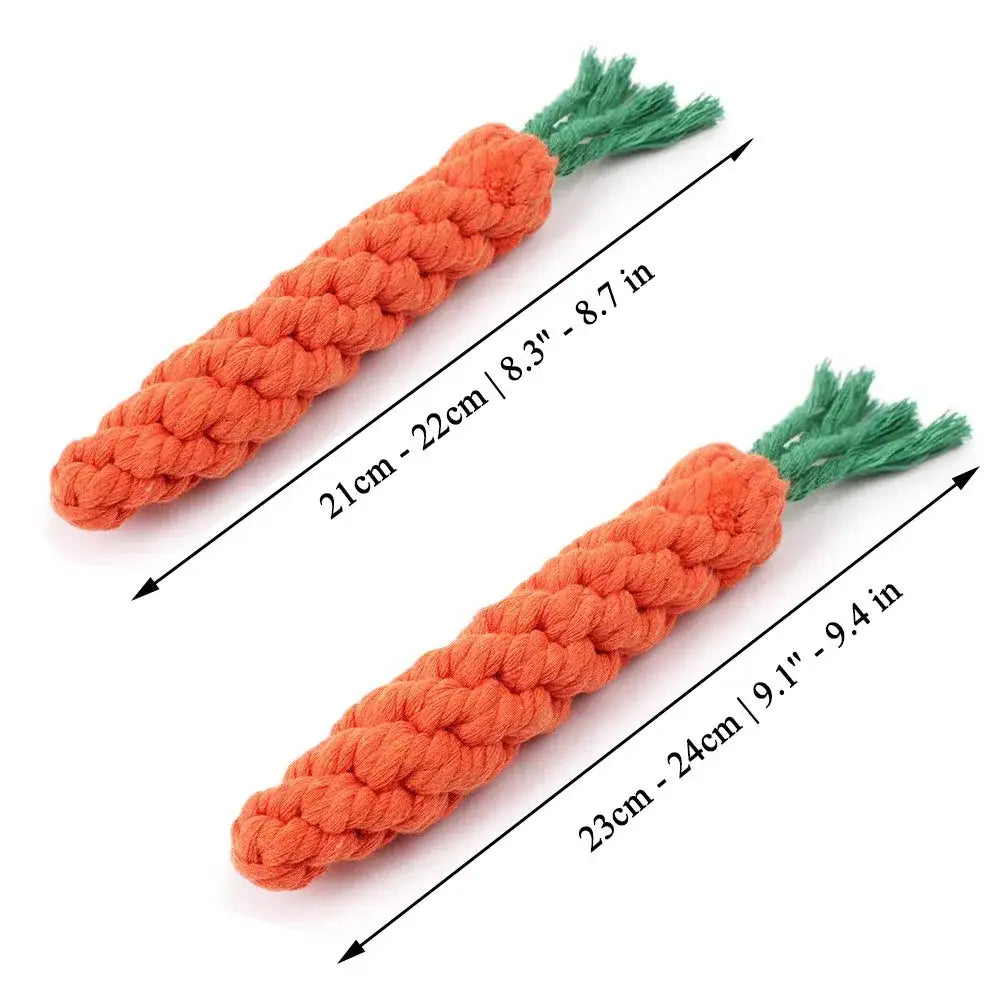 Plush carrot-shaped dog toys made of braided orange fabric with green tops.