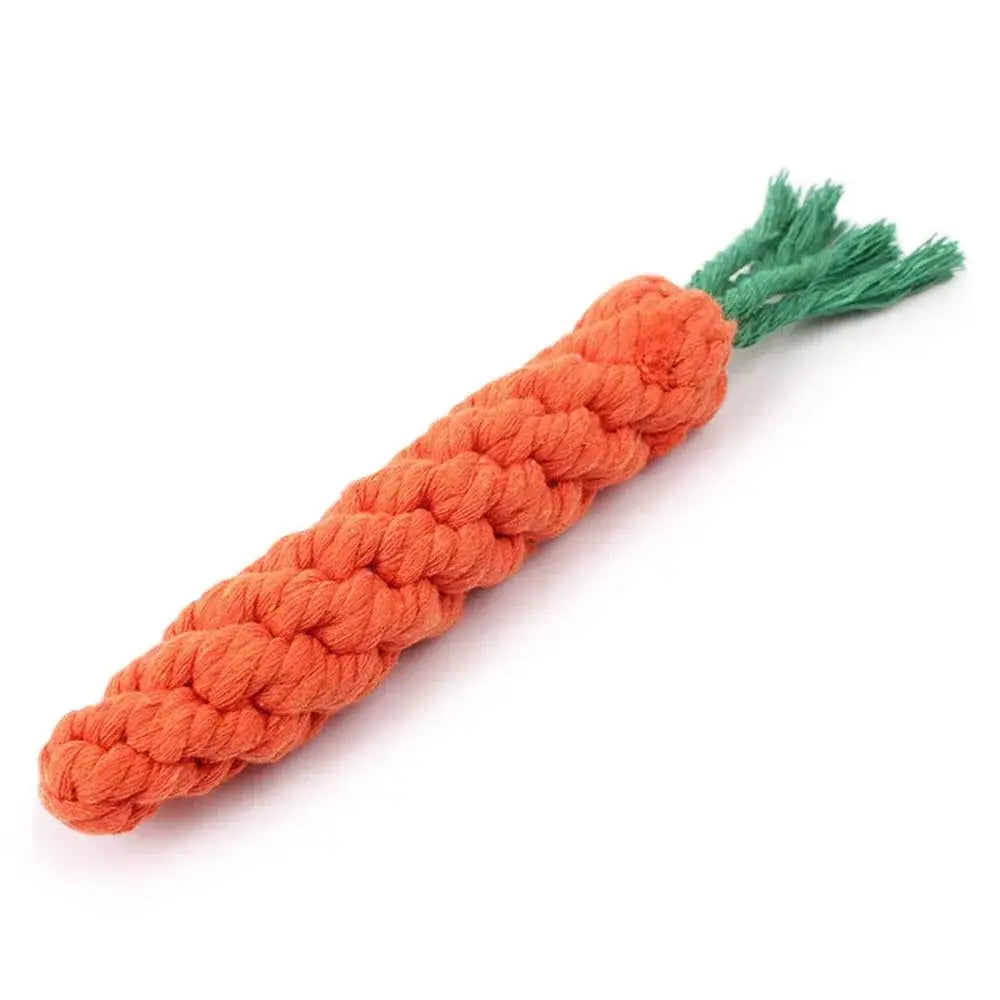 Rope toy shaped like a carrot with orange body and green leafy top.