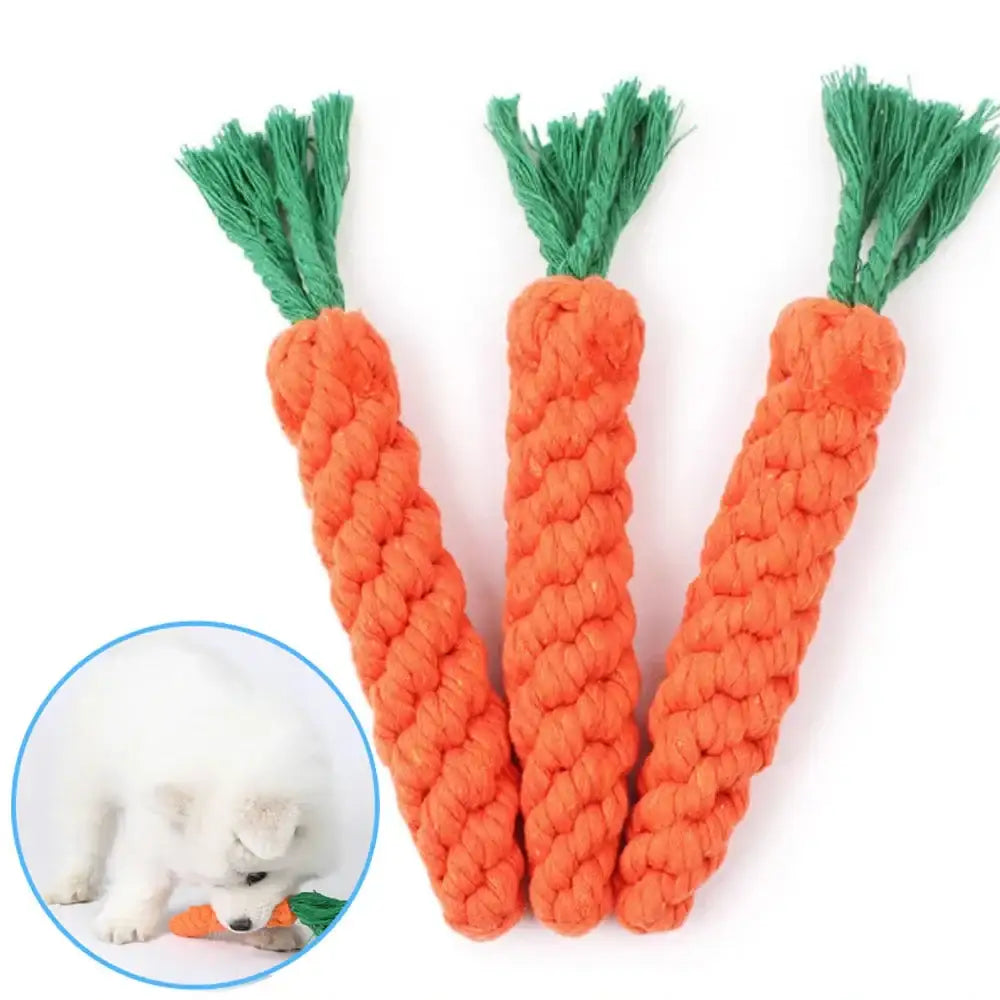 Three orange rope-textured carrot-shaped dog toys with green yarn tops.