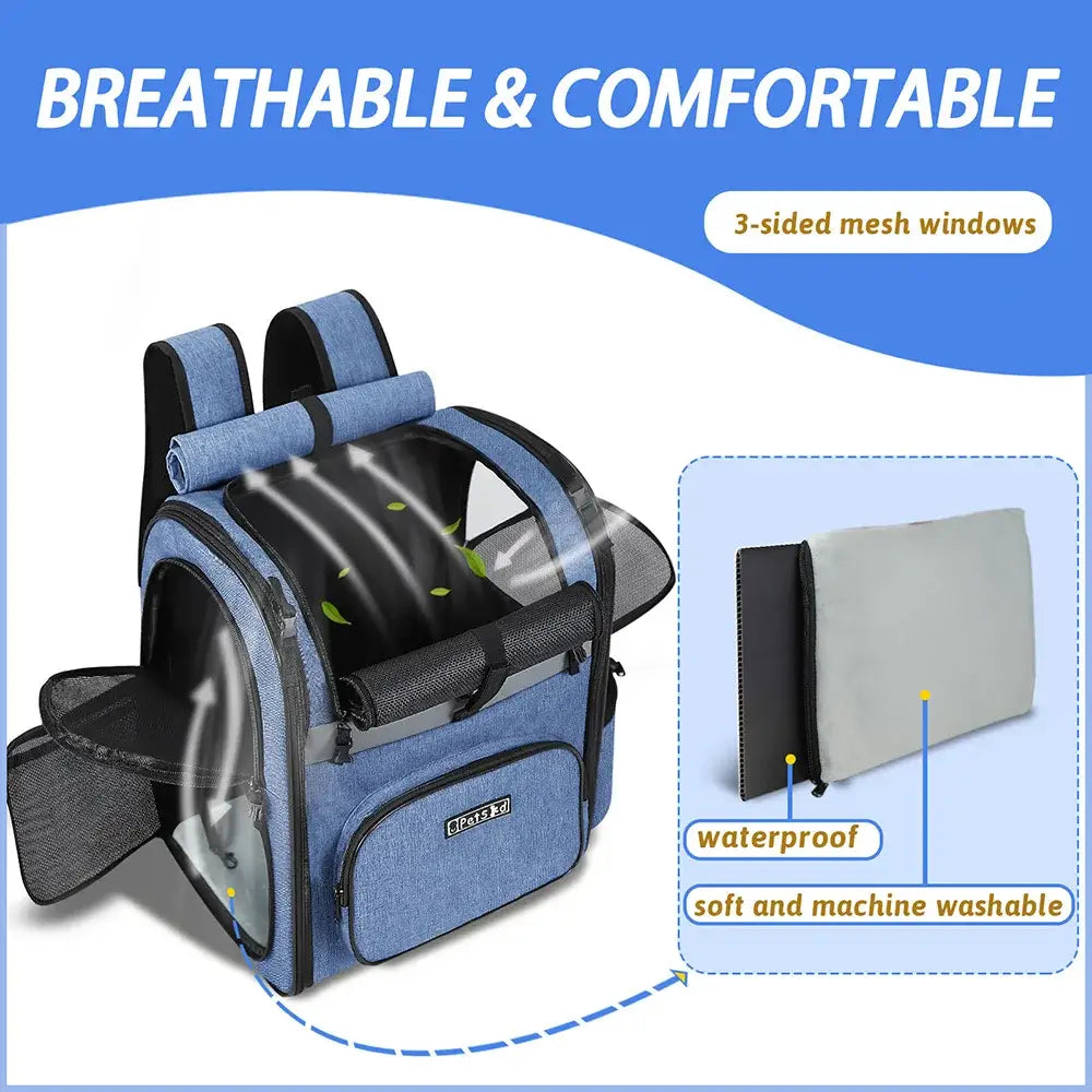 Pet carrier backpack with mesh windows and blue accents.