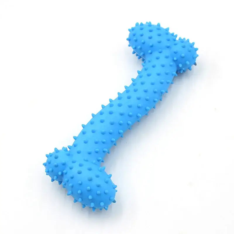 Blue spiky rubber dog chew toy shaped like a bone.