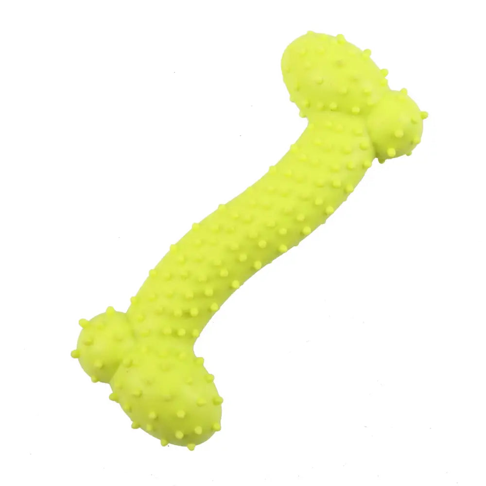 Bright yellow rubber dog chew toy shaped like a bone.