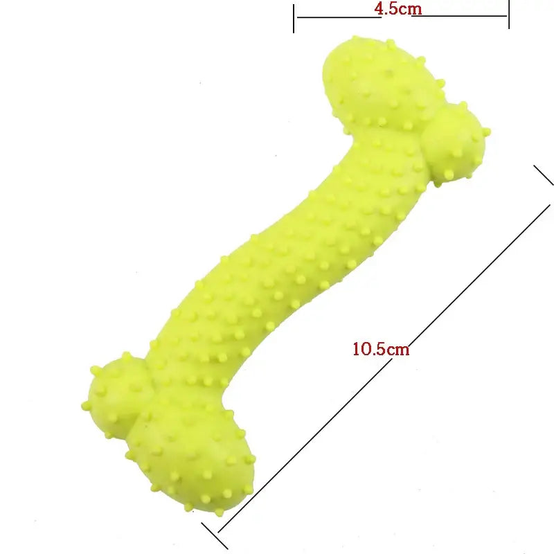 Bright yellow rubber dog chew toy shaped like a bone.