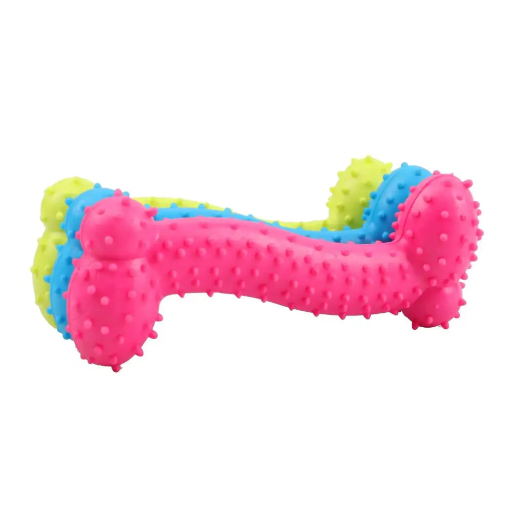 Colorful rubber dog toy shaped like a bone with textured nubs.