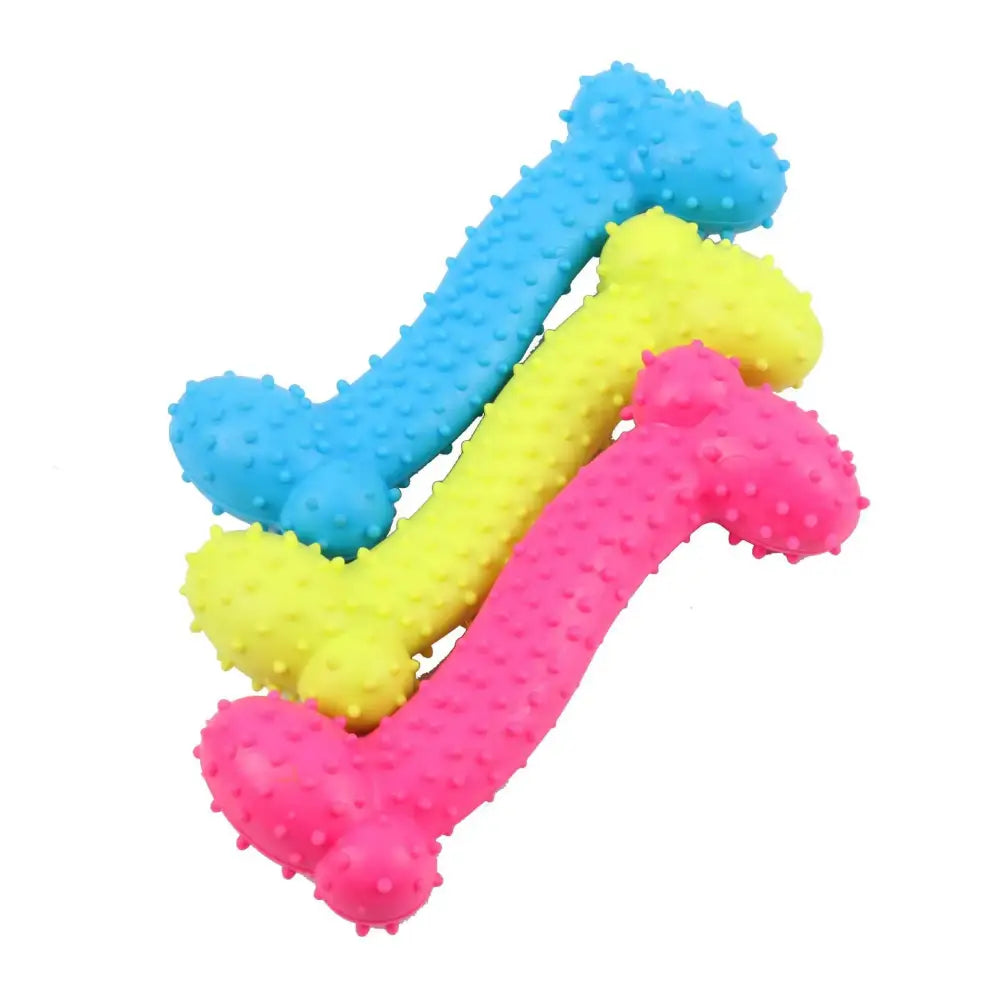 Colorful rubber or plastic dog chew toys shaped like bones.