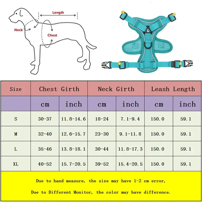 Teal dog harness with adjustable straps and buckles.