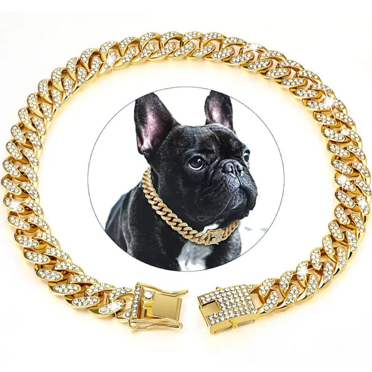 Gold chain-link collar adorned with diamonds, featuring a circular inset image of a French Bulldog.