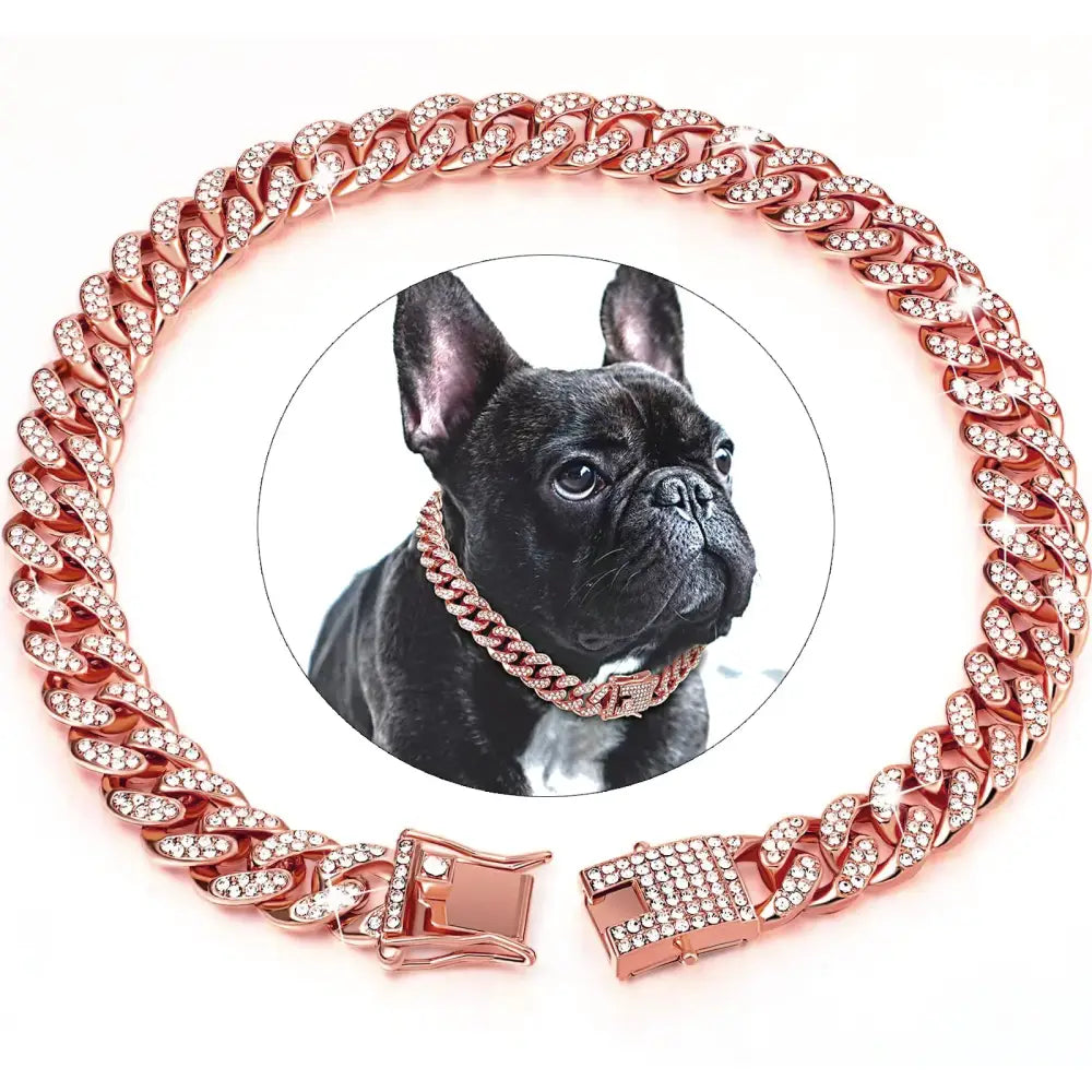 Rose gold-colored, diamond-studded dog collar with an inset image of a French Bulldog wearing a matching necklace.