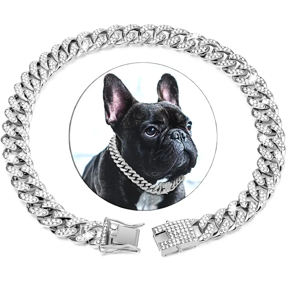 Silver chain necklace with a circular pendant featuring a French Bulldog’s portrait.