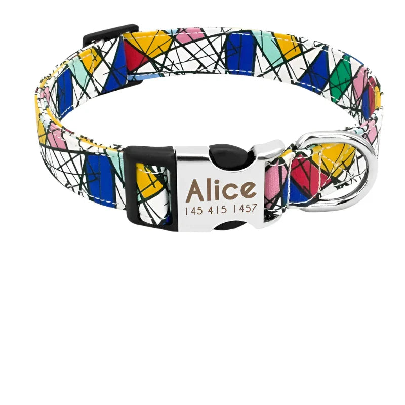 Colorful geometric patterned dog collar with a personalized name tag.