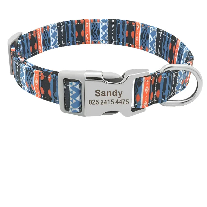 Colorful patterned dog collar with a personalized metal tag and size chart.