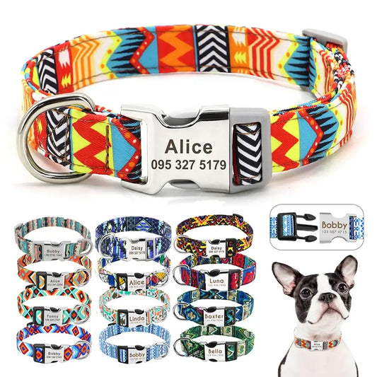 Colorful patterned dog collar with a personalized metal nameplate.