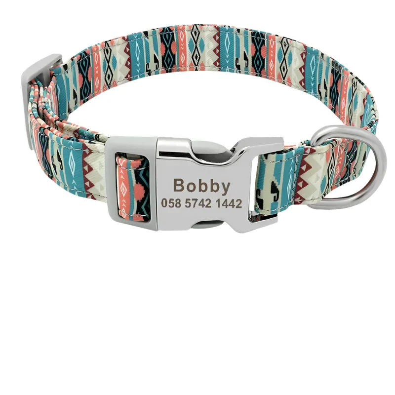 Colorful patterned dog collar with a personalized metal tag and buckle closure.