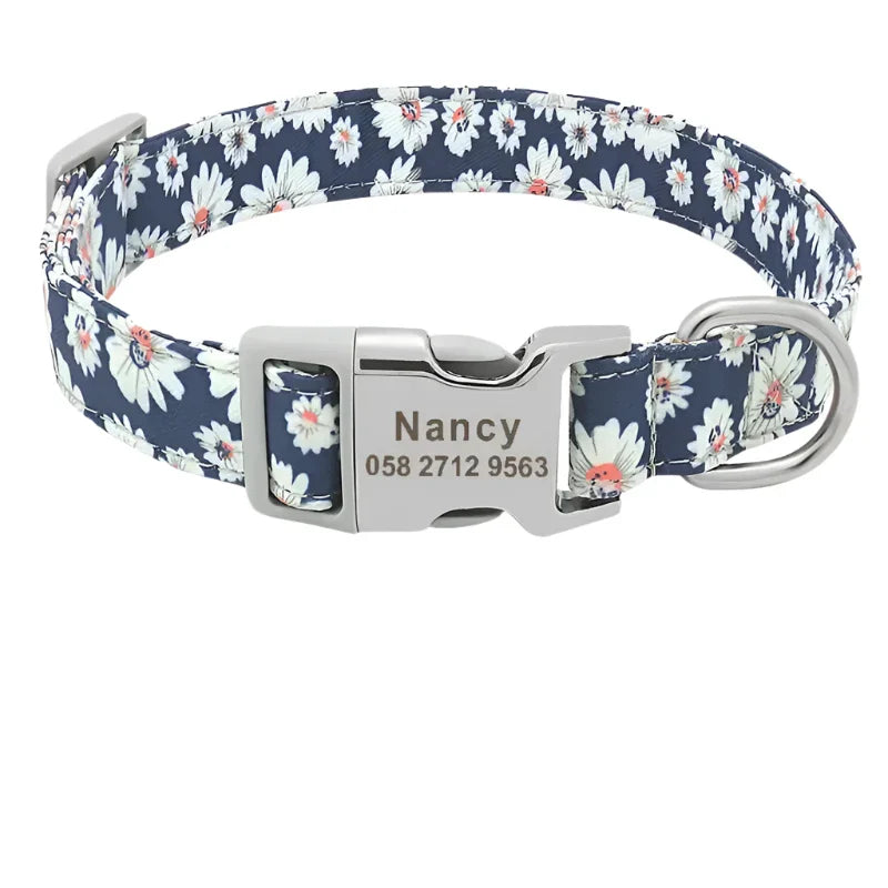 Floral patterned dog collar with personalized metal buckle and size chart.