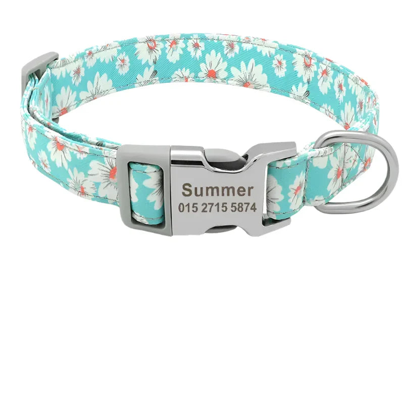 Floral patterned dog collar with personalized metal tag and size chart.