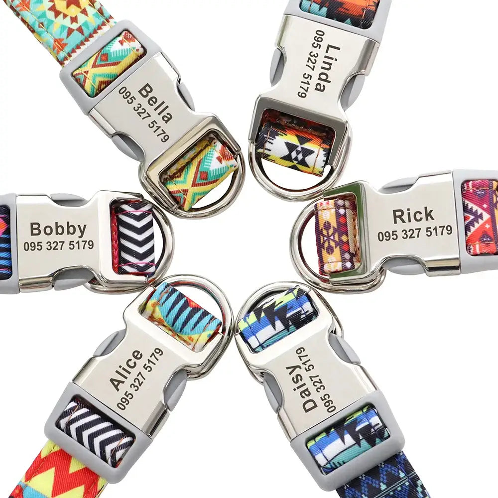 Personalized dog collars with colorful patterns and engraved name tags.