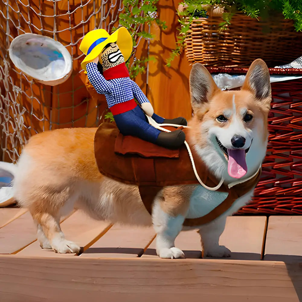 Corgi dog wearing a costume with a small puppet-like figure on its back.