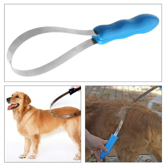 Dog grooming tool with a flexible loop handle and a comb-like attachment for removing loose fur.