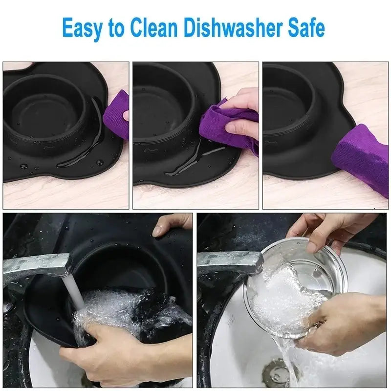 Black non-stick frying pan or skillet being cleaned with a purple sponge and soapy water.